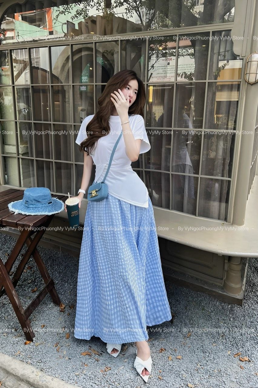  Set áo xoắn eo vạt nhọn mix chân váy xoè lưng thun sọc caro - XANH - H68 