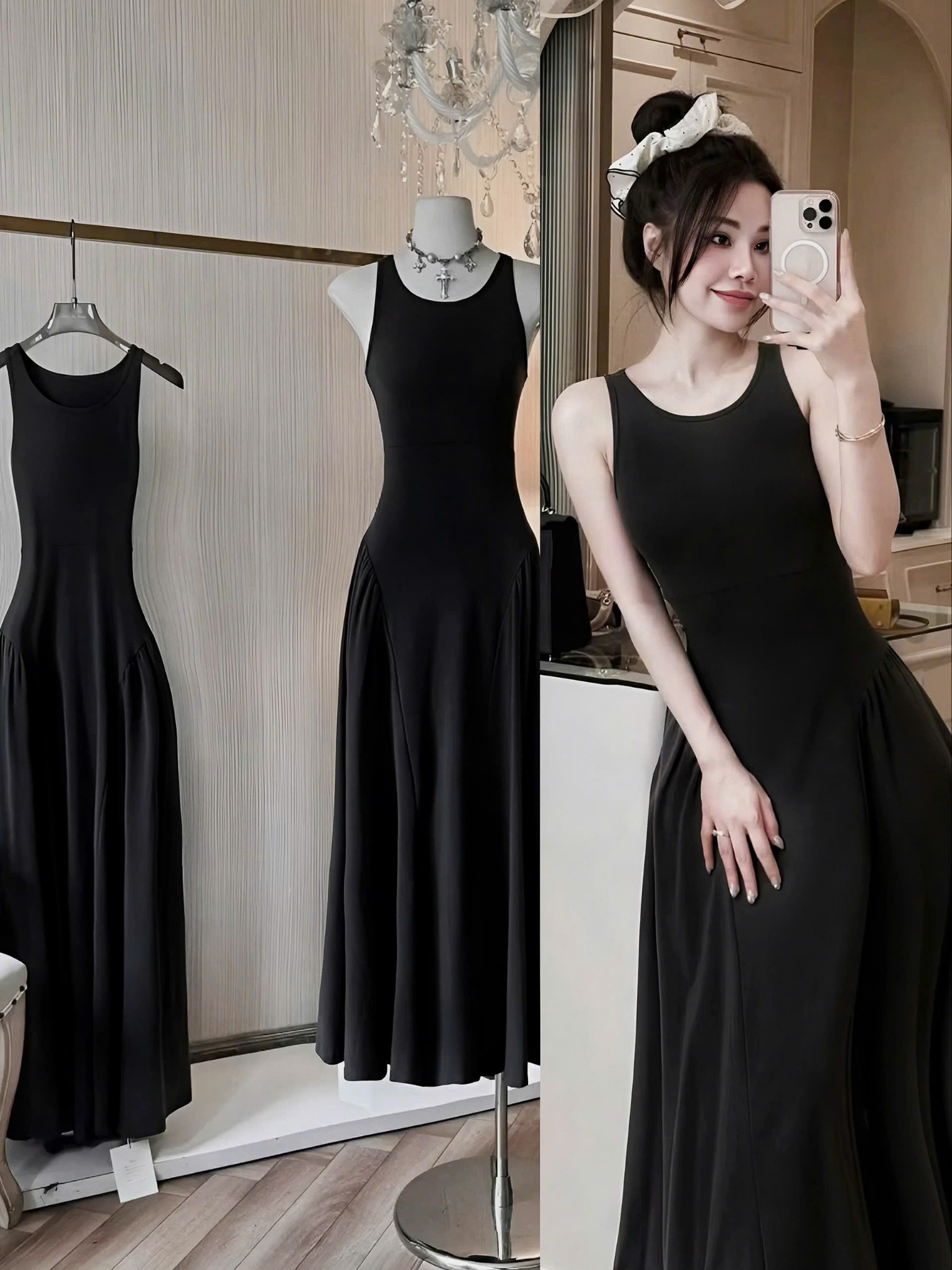  Đầm váy thun nữ dáng dài sát nách ôm body chiết eo xếp ly bồng xòe khoét lưng nhẹ tiểu thư - ĐEN - M118 ( dài 170cm shop làm không tiết kiệm vải để khách có thể tự điều chỉnh theo chiều dài mong muốn ) 