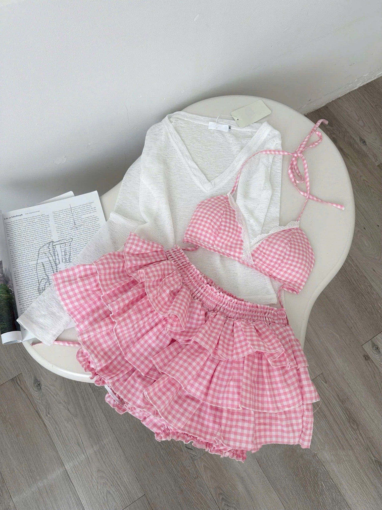  Set 3m bộ bikini kẻ sọc áo 2 dây mix chân váy xếp tầng - HỒNG - T418 