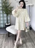  Đầm babydoll hoa nhí dập ly tay phồng màu KEM - C467 