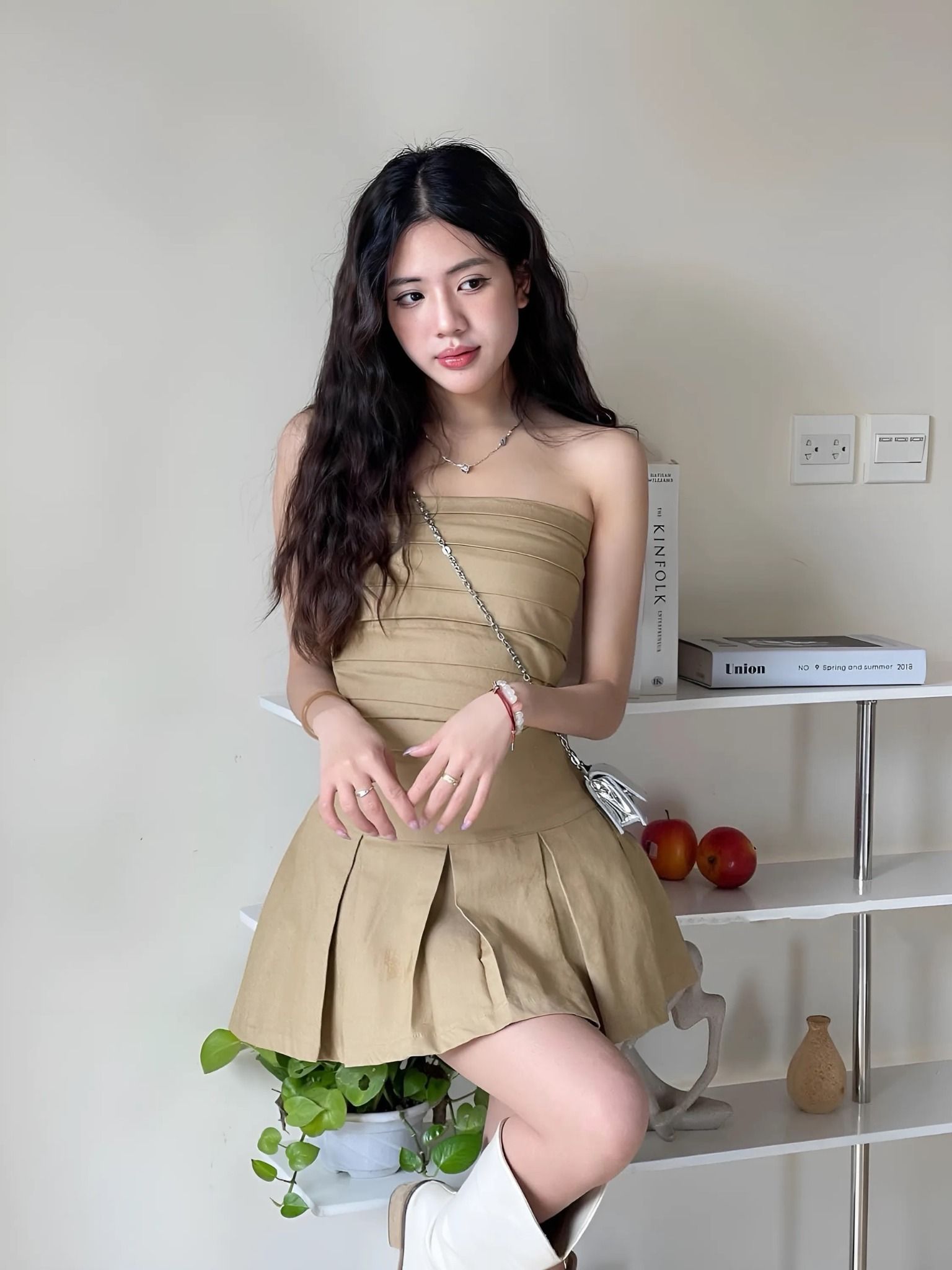  Set áo quây bò chun sau mix cvay xếp li - NÂU - H6 (eo S <64 , M<68 , L<72) 