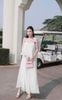 Set áo kiểu voan đính kiểu nơ phối chân váy dài maxi dập ly xoè - TRẮNG - H245 ( eo S<66, M<70, L<74)