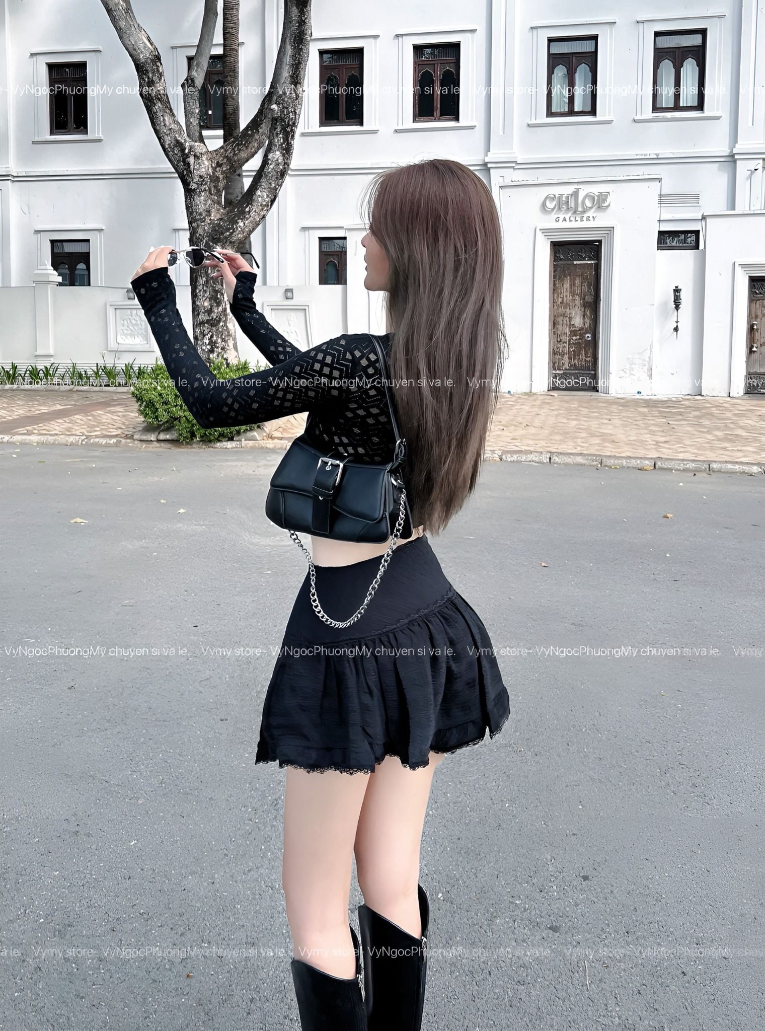  Chân váy xếp li bản to phối ren 2 lớp  - ĐEN - H78 