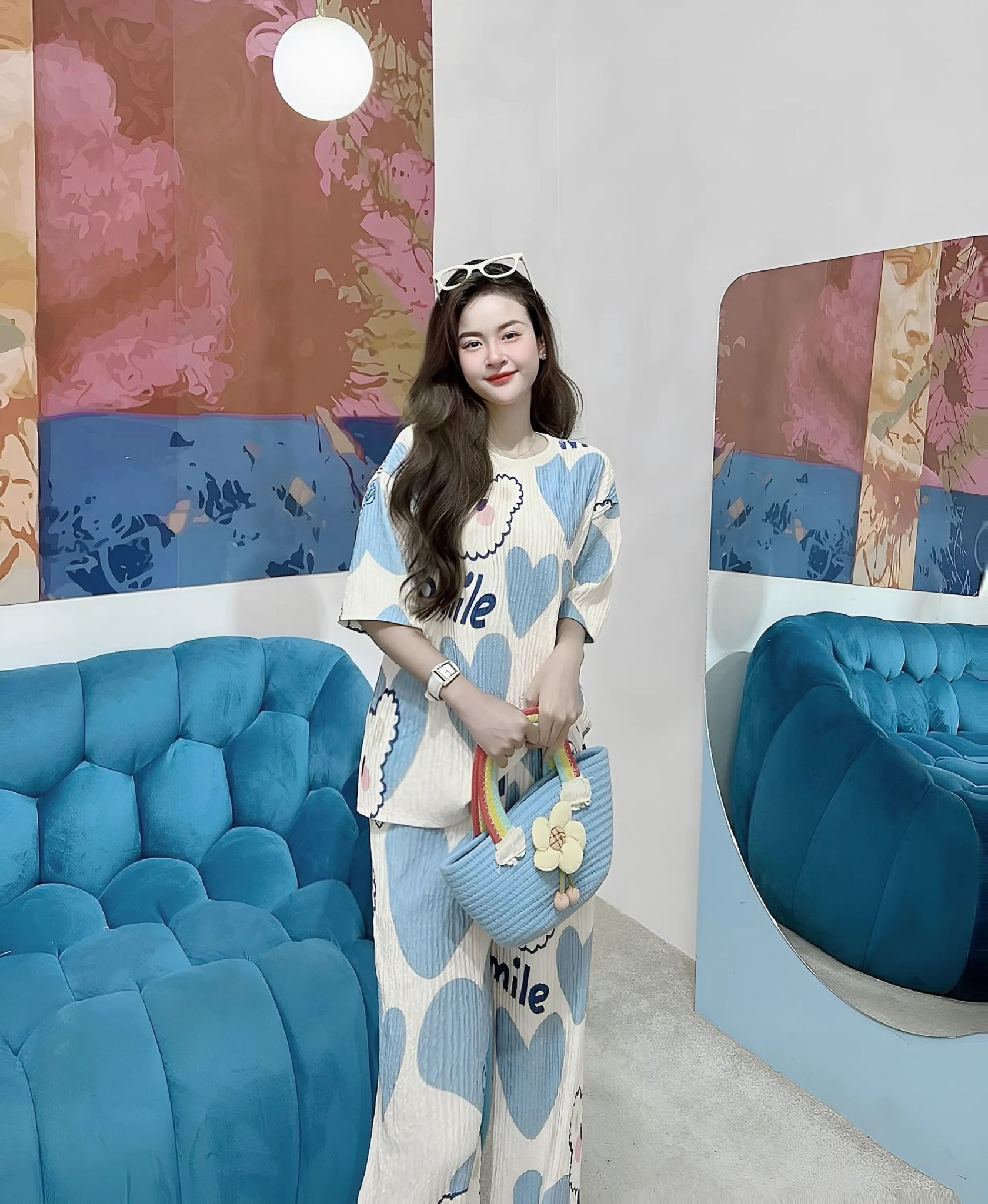  Set bộ xốp quần dài lưng thun họa tiết - TRÁI TIM XANH - H207 