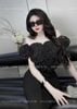 Áo trễ vai đính hoa crotop bo chun lưng cao cấp - ĐEN - Z161