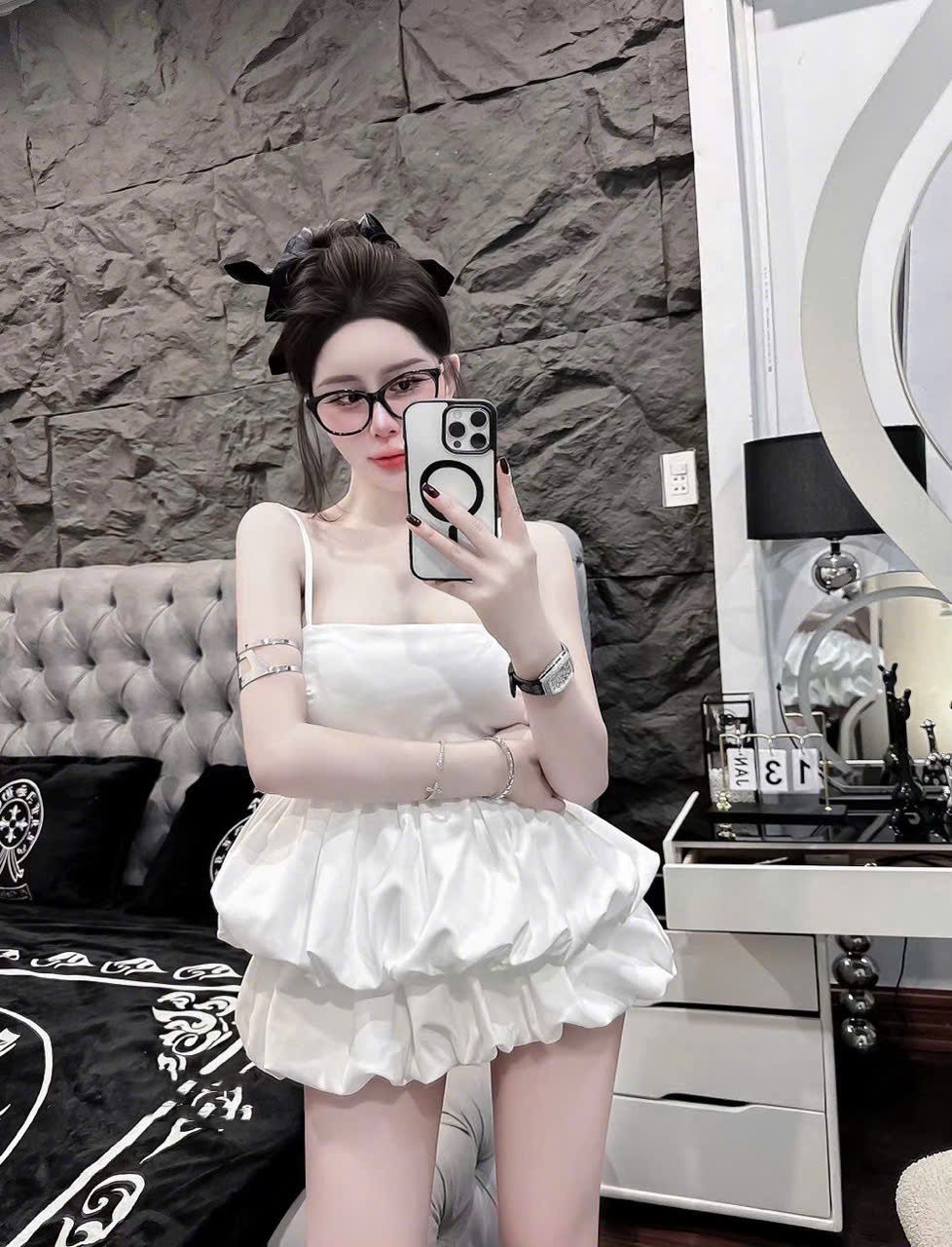  Set 3 món áo hai dây mix chân váy bồng kèm nơ rời - TRẮNG - V417 (eo S<68, M<<72) 