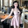 Đầm hai dây viền ren hở lưng dáng xòe họa tiết nơ - HỒNG - H78 ( eo S<68, M<72 )