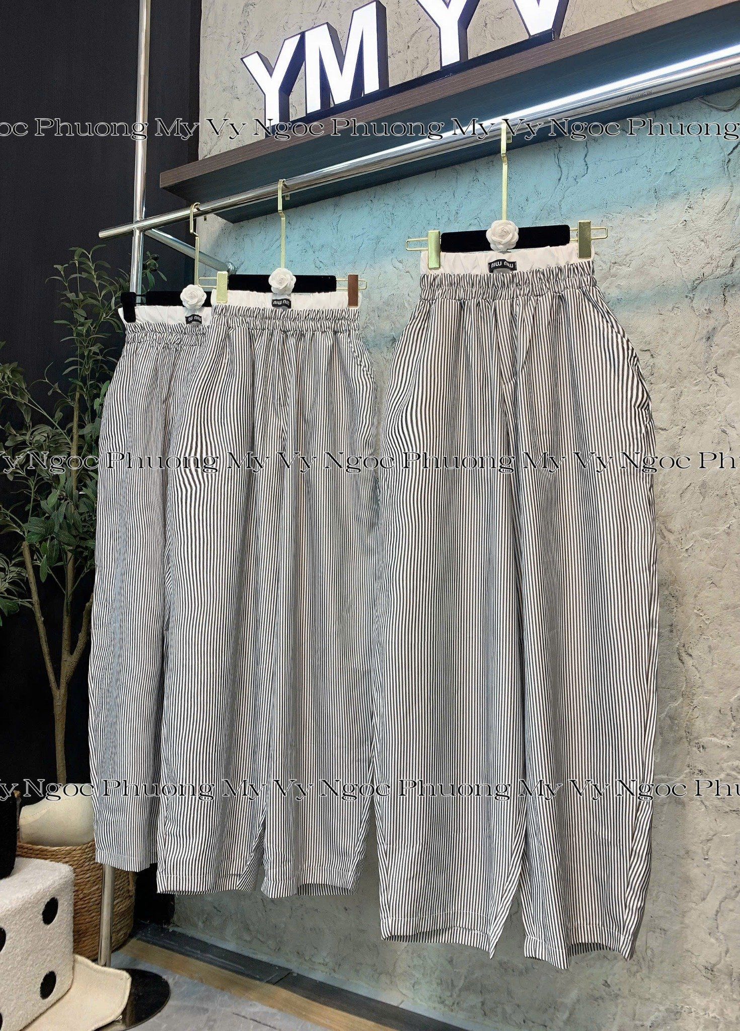  Quần suông kẻ phối cạp chun dáng baggy rộng - H229 