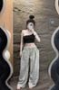 Set áo croptop chéo vai mix quần suông lưng dây rút - ĐEN - H294