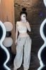 Set áo croptop chéo vai mix quần suông lưng dây rút - TRẮNG - H295