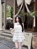 Váy sát nách ren hoa phối bèo tầng đính nơ siêu xinh - H362