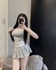Set áo quây nơ ngực phối chân váy xòe xếp ly cạp gập siêu đẹp - H378 (eo S<68, M<72)