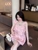 Váy gấm 2s đính hoa form suông ngắn sang chảnh - HỒNG - T29