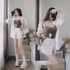 Set 3 món áo hai dây phối áo sơ mi mix quần giả váy đắp vạt đính nút - TRẮNG - T87 (EO S<68, M<72)