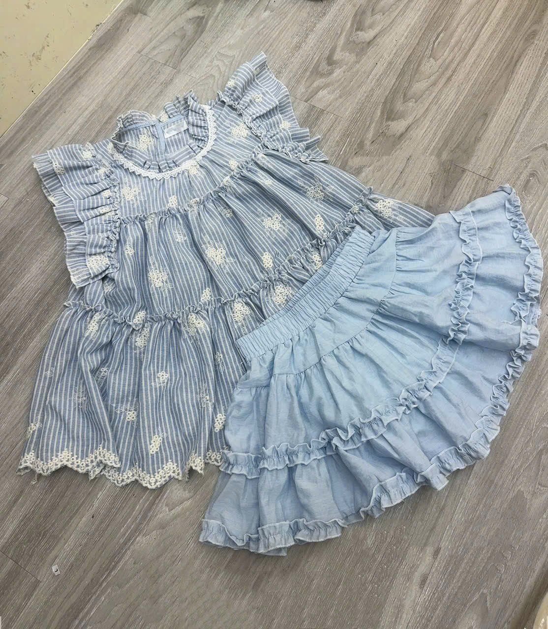  Set áo babydoll kẻ cánh tiên mix chân váy xòe cao cấp - T147 