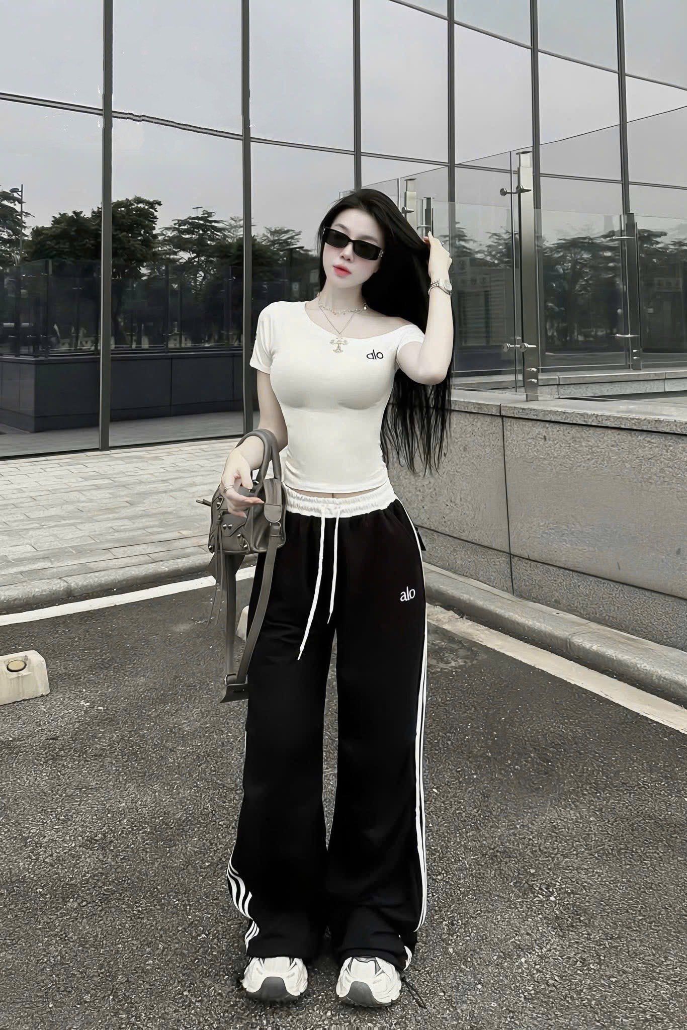  Set áo lệch vai alo mix quần suông phối cạp màu - TRẮNG - T191 (TÍNH MÀU ÁO) 