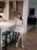 Set áo sát nách đính nơ ngực mix chân váy xếp ly - KEM - T237