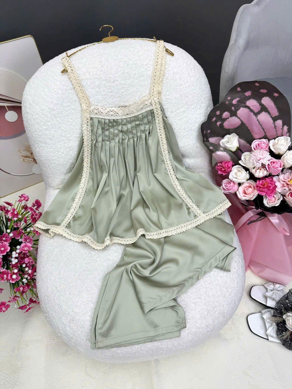  Set áo 2 dây ren form xòe mix quần suông chất lụa - XANH - T251 