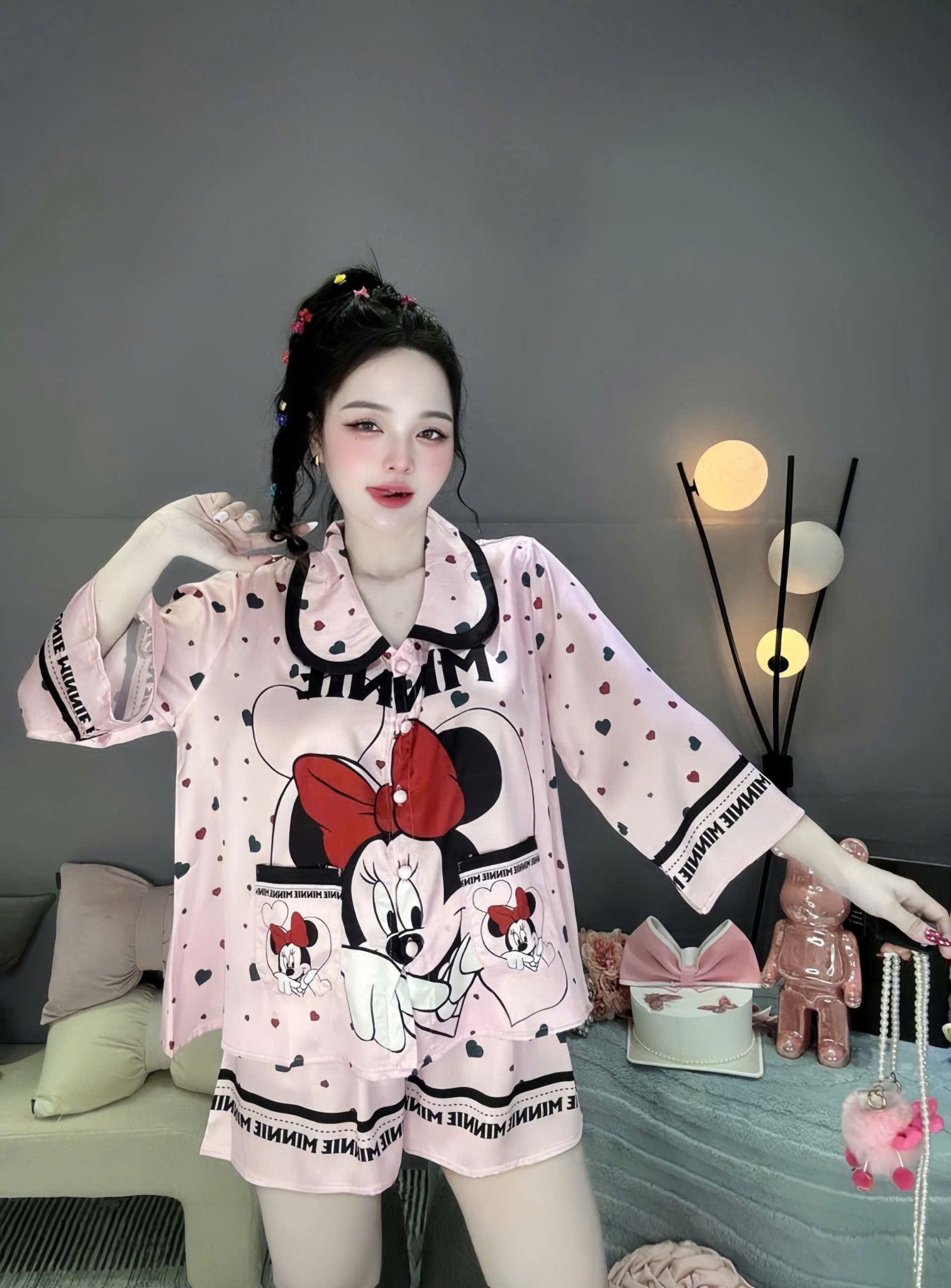  Set pijama cổ sen tay dài phối túi mix quần đùi họa tiết - MÃ 1 - T314 ( mickey NƠ ĐỎ ) 