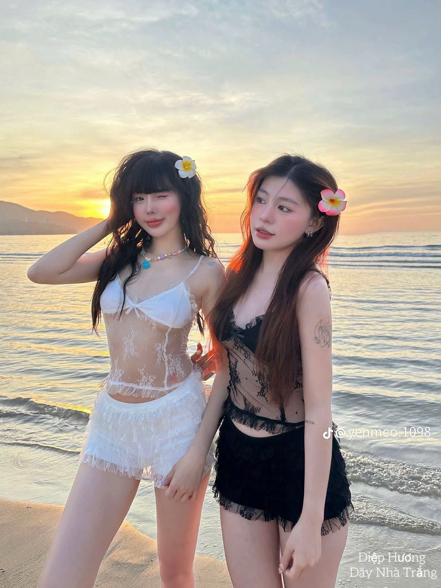  Set bikini áo ren xuyến thấu có lót mix chân váy tầng bèo xinhh - ĐEN - T360 