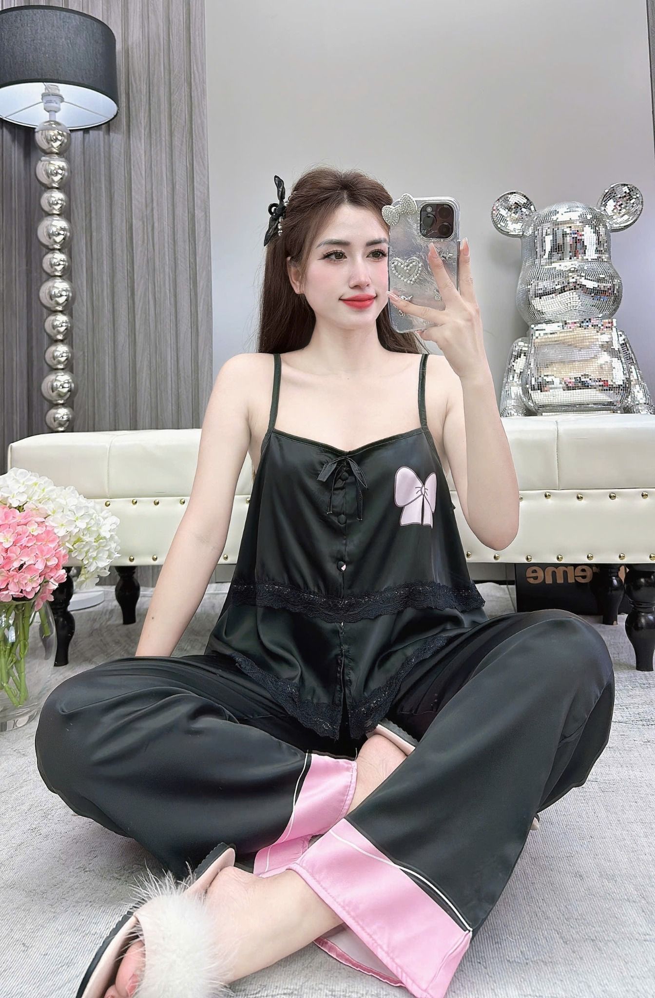  Set lụa áo 2s bọc cúc mix quần suông dài lưng chun - FULL ĐEN - T409 