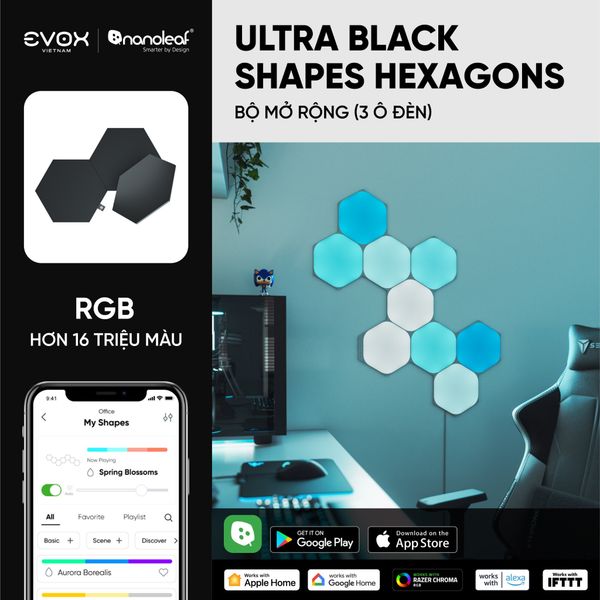 Đèn thông minh Nanoleaf Ultra Black Shapes Lục Giác 3 ô đèn (bộ mở rộng)