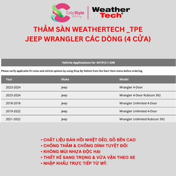  Thảm sàn WeatherTech Jeep Wrangler (4 Cửa) Các Dòng 
