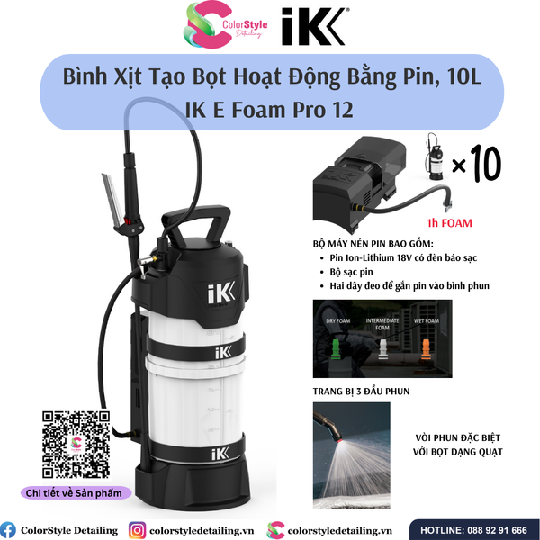  IK E FOAM PRO 12 - Bình Phun Tạo Bọt, Hoạt Động Bằng Pin, 10L 