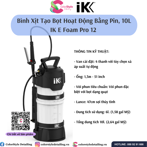  IK E FOAM PRO 12 - Bình Phun Tạo Bọt, Hoạt Động Bằng Pin, 10L 