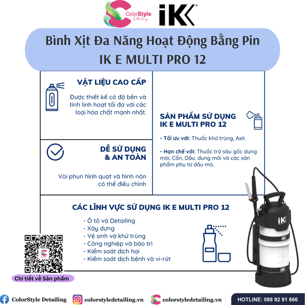  IK E Multi Pro 12 - Bình Xịt/Phun Hóa Chất Bằng Pin Dung Tích 10L 