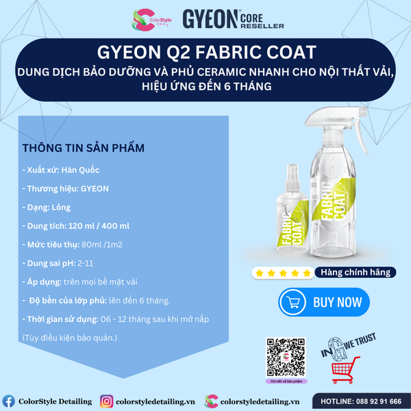  GYEON Q2 Fabric Coat Xịt Bảo Dưỡng Và Phủ Ceramic Nhanh Nội Thất Vải 