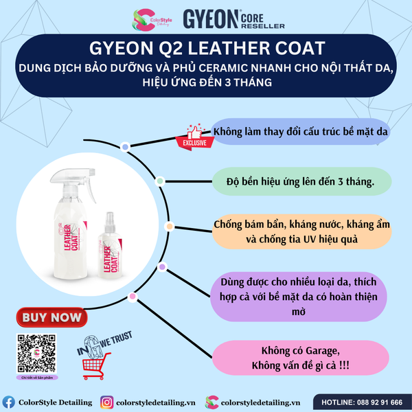  GYEON Q2 Leather Coat, Bảo Dưỡng Và Phủ Ceramic Nhanh Đồ Da, 3 Tháng 