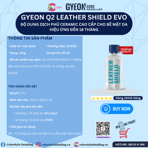  GYEON Q2 LeatherShield EVO, Dung Dịch Phủ Ceramic Da Hiệu Quả 18 Tháng 