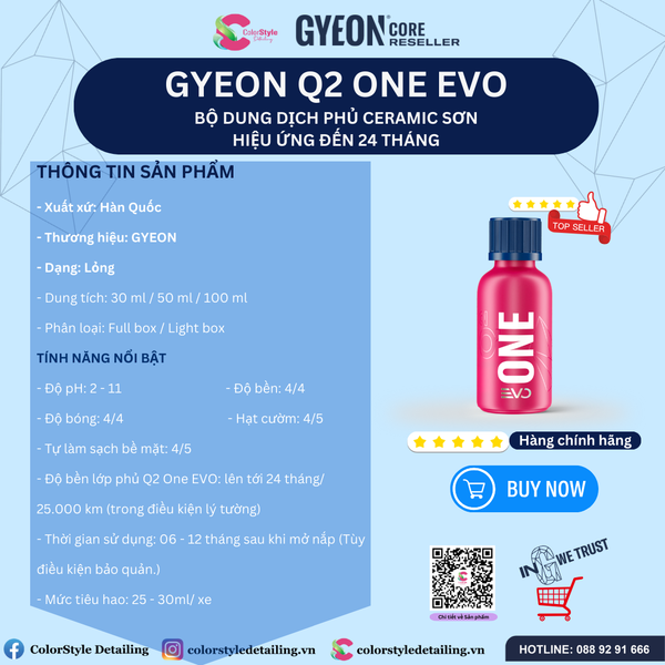  GYEON Q2 One EVO, Bộ Dung Dịch Phủ Ceramic Sơn, Hiệu Ứng Đến 24 Tháng 