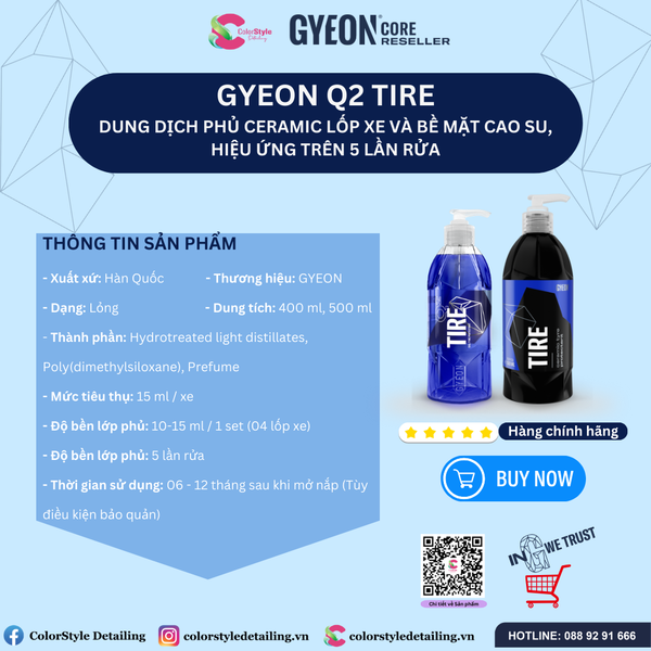  GYEON Q2 Tire Phủ Ceramic Lốp Xe Bề Mặt Cao Su Hiệu Ứng Trên 5 Lần Rửa 