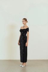 VIVIAN BLACK OFF-SHOULDER PENCIL MIDI DRESS