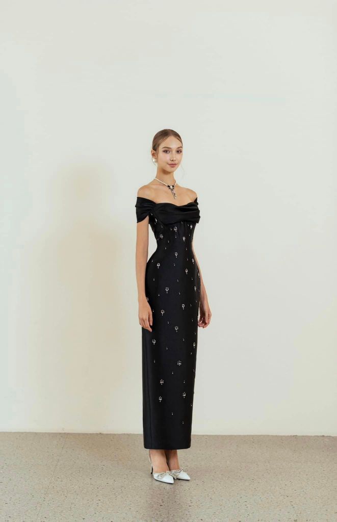 VIVIAN BLACK OFF-SHOULDER PENCIL MIDI DRESS