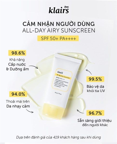 Kem Chống Nắng Klairs All-day Airy Sunscreen SPF50+ PA++++ 50g