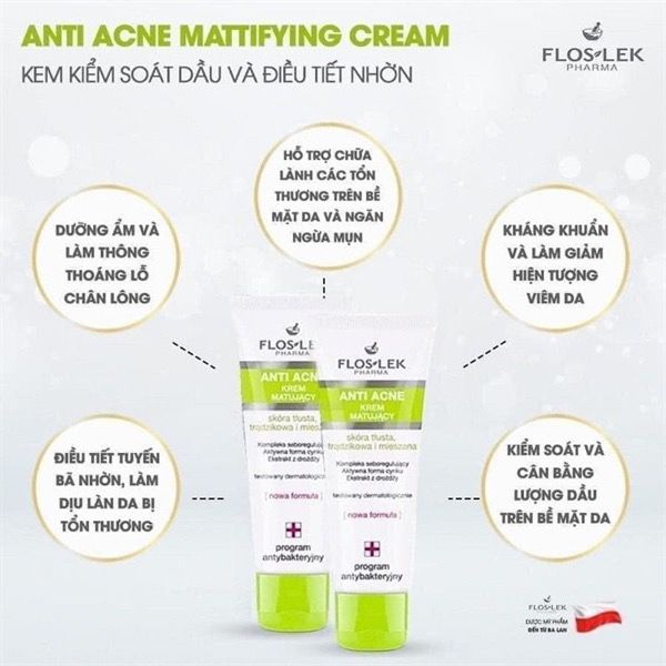 Kem Dưỡng Ẩm Kiểm Soát Dầu, Điều Tiết Nhờn Floslek Pharma Anti Acne Mattifying Cream 50ml