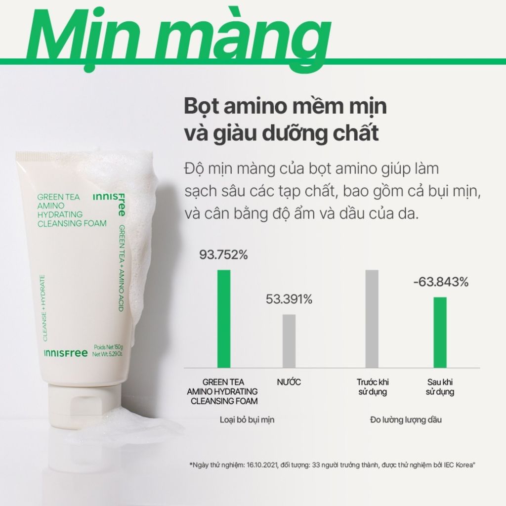 Sữa Rửa Mặt innisfree Green Tea Amino Hydrating Cleansing Foam 150g