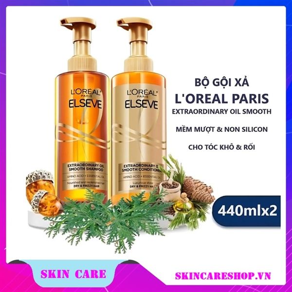 Bộ gội xả dưỡng tóc suôn mượt cao cấp L'Oreal Paris Extraordinary Oil Smooth 440ml x2