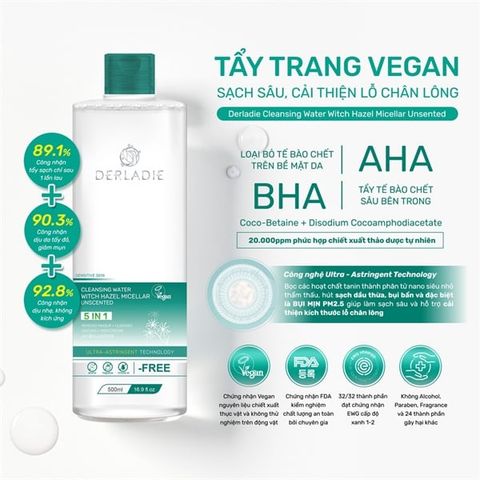 Tẩy Trang Derladie Cleansing Water Witch Hazel Micellar Unsented Sạch Sâu, Cải Thiện Lỗ Chân Lông 500ml (Tặng Bông Ceiba)