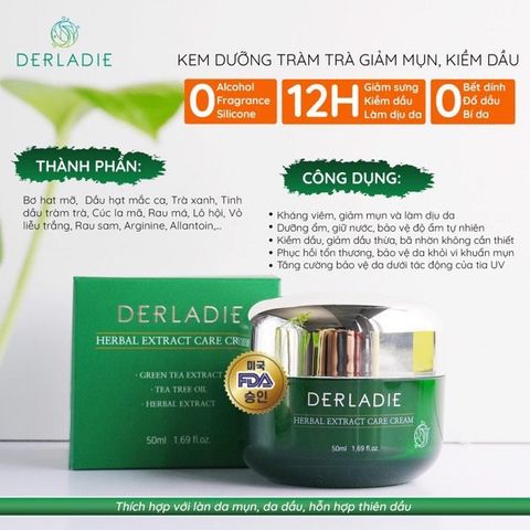 Kem Dưỡng Tràm Trà Giảm Mụn Kiềm Dầu Derladie Herbal Extract Care Cream 50ml