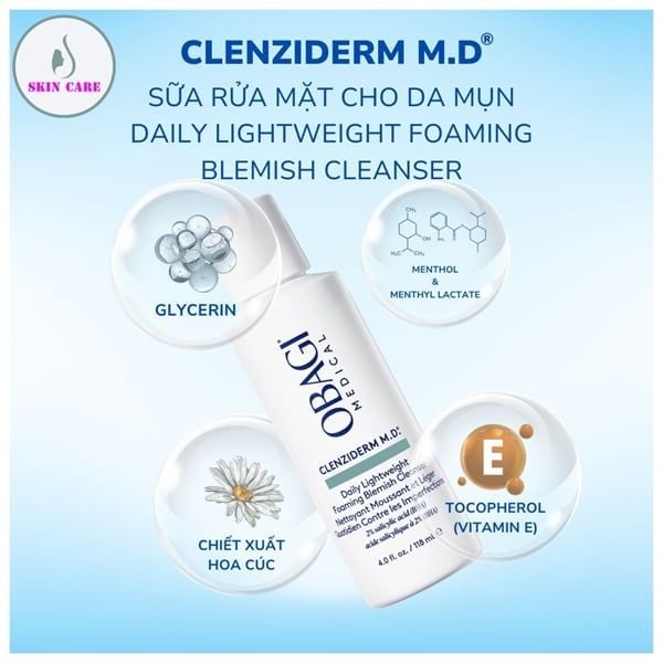 Sữa Rửa Mặt Obagi Clenziderm MD Daily Lightweight Foaming Blemish Cleanser 118ml