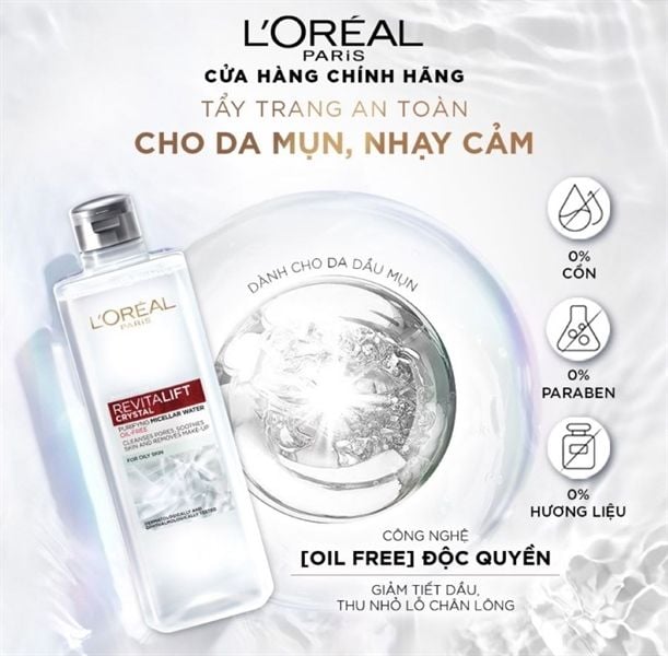 Nước tẩy trang đa năng 3-in-1 L'Oreal Paris Micellar kiềm dầu
