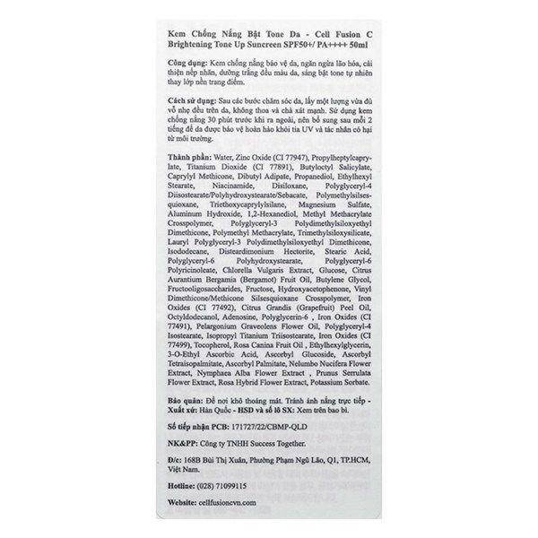 Kem Chống Nắng Nâng Tông Da Cell Fusion C Brightening Tone Up Sunscreen 100 SPF50+ PA 50ml