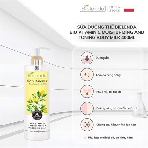 Sữa Dưỡng Thể Trắng Da Bielenda Bio Vitamin C Moisturizing And Toning Body Milk 400ml
