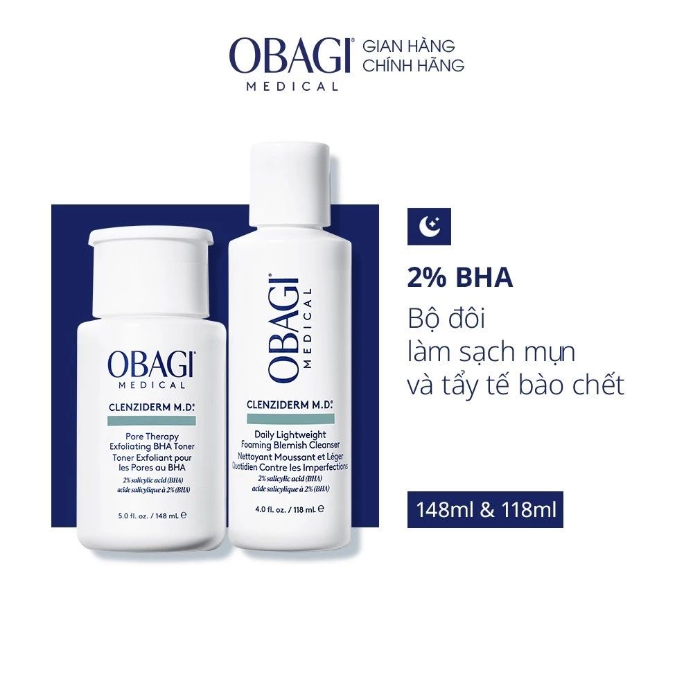 Bộ đôi dưỡng da Toner BHA giảm mụn và Sữa rửa mặt Obagi Medical Clenziderm M.D BHA (148ml & 118ml)