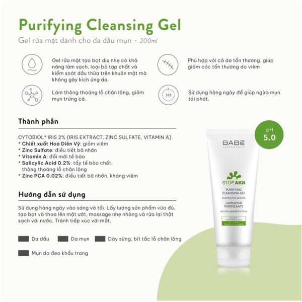 Sữa rửa mặt Babe Stop AKN Purifying Cleansing Gel 200ml