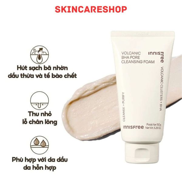 Sữa Rửa Mặt innisfree Volcanic Pore BHA Cleansing Foam Kiểm Soát Nhờn Tro Núi Lửa & BHA 150g